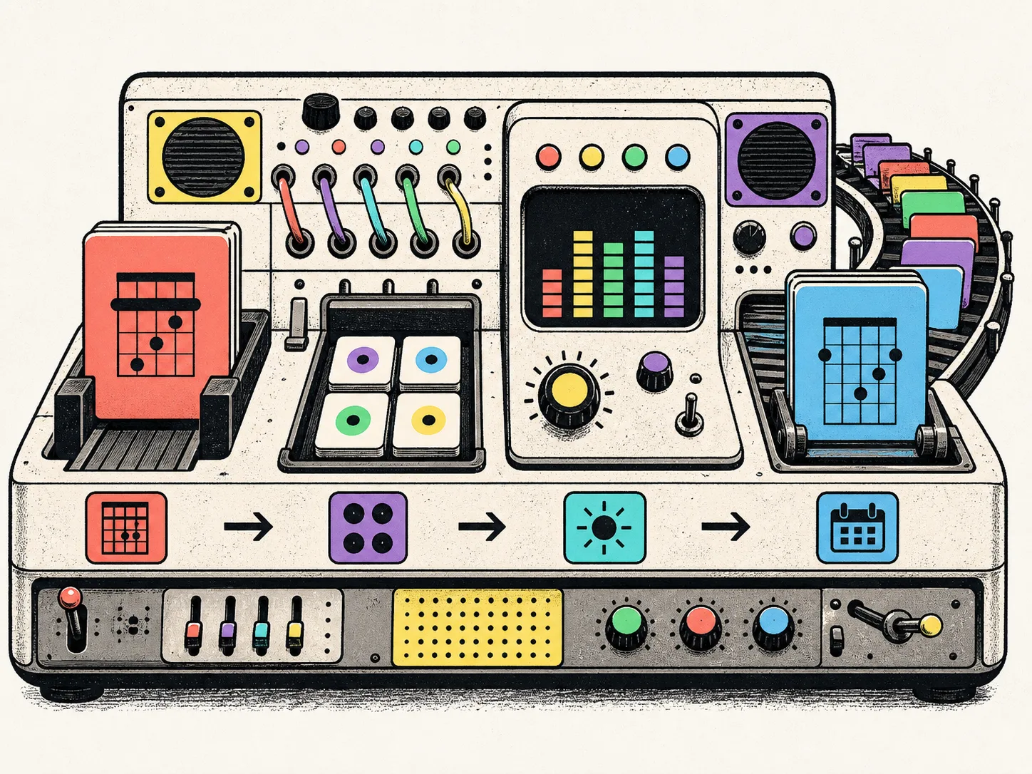 A four-stage music practice machine moves a chord prompt through recall, feedback, and scheduled return