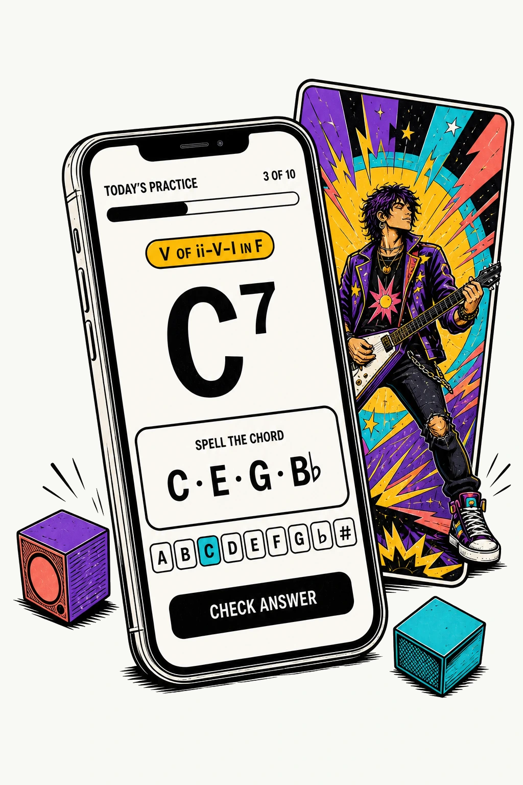 A hand-inked UltraChord phone showing a C7 chord practice screen beside a Pop and Rock pathway card and tactile chord blocks