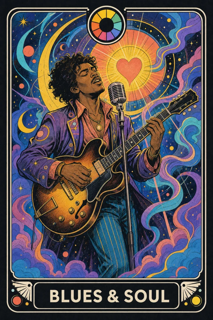 Blues & Soul chord-learning pathway artwork. Dominant color, minor sevenths, and turnarounds.