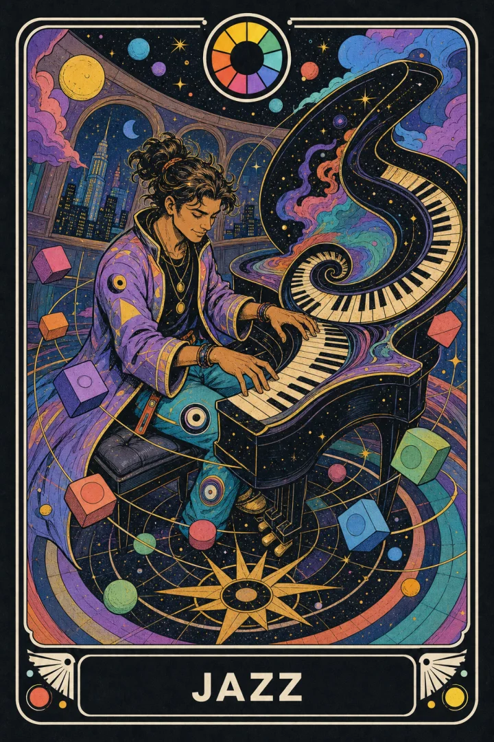 Jazz chord-learning pathway artwork. Seventh chords, guide tones, and essential movement.
