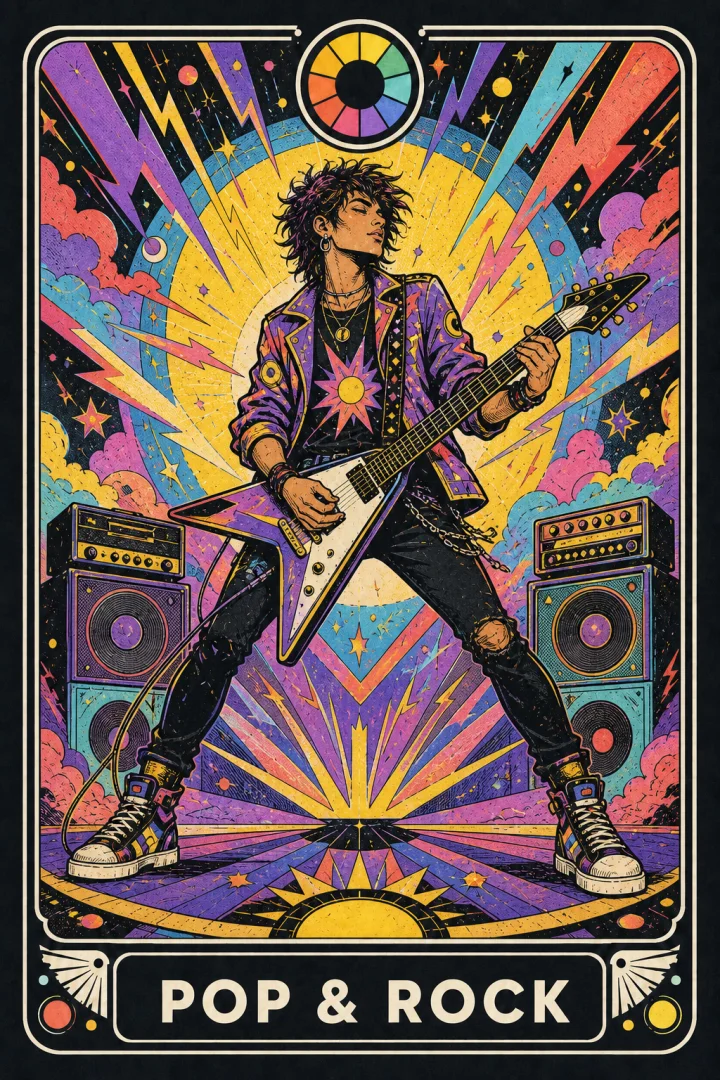 Pop & Rock chord-learning pathway artwork. The triads and power chords behind familiar songs.
